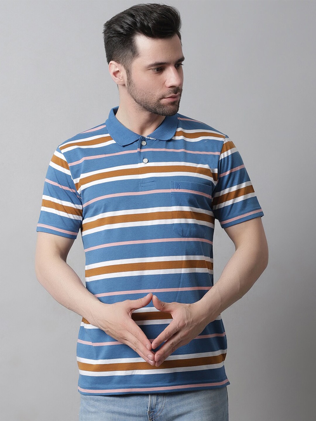

VENITIAN Men Striped Polo Collar Cotton T-shirt, Blue