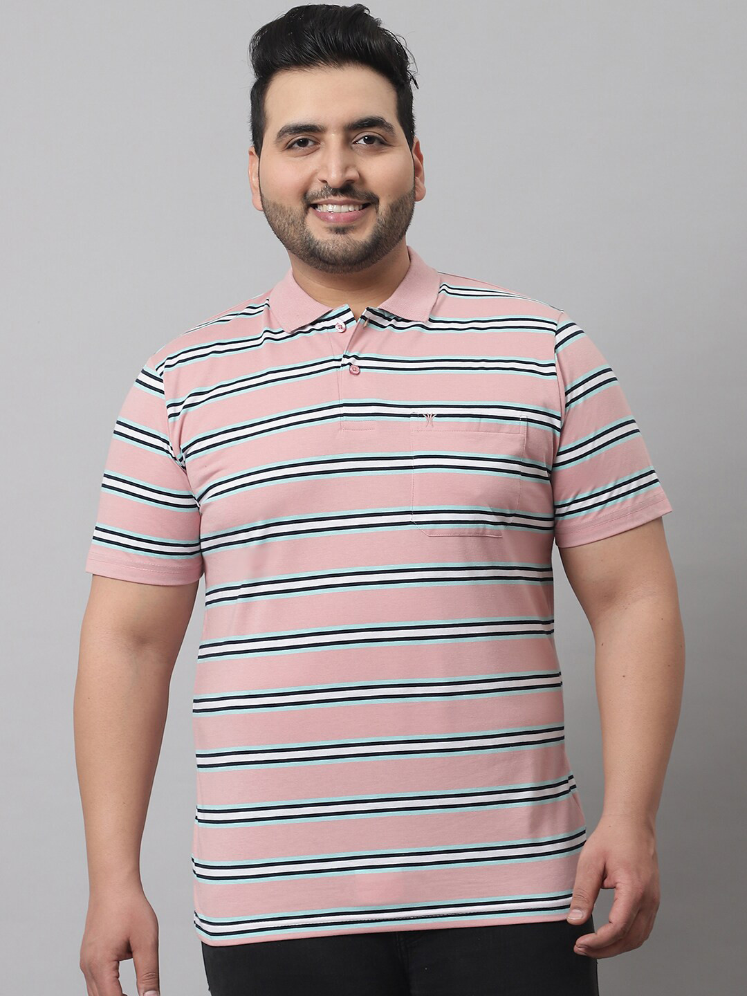 

VENITIAN Men Plus Size Striped Polo Collar Cotton T-shirt, Peach