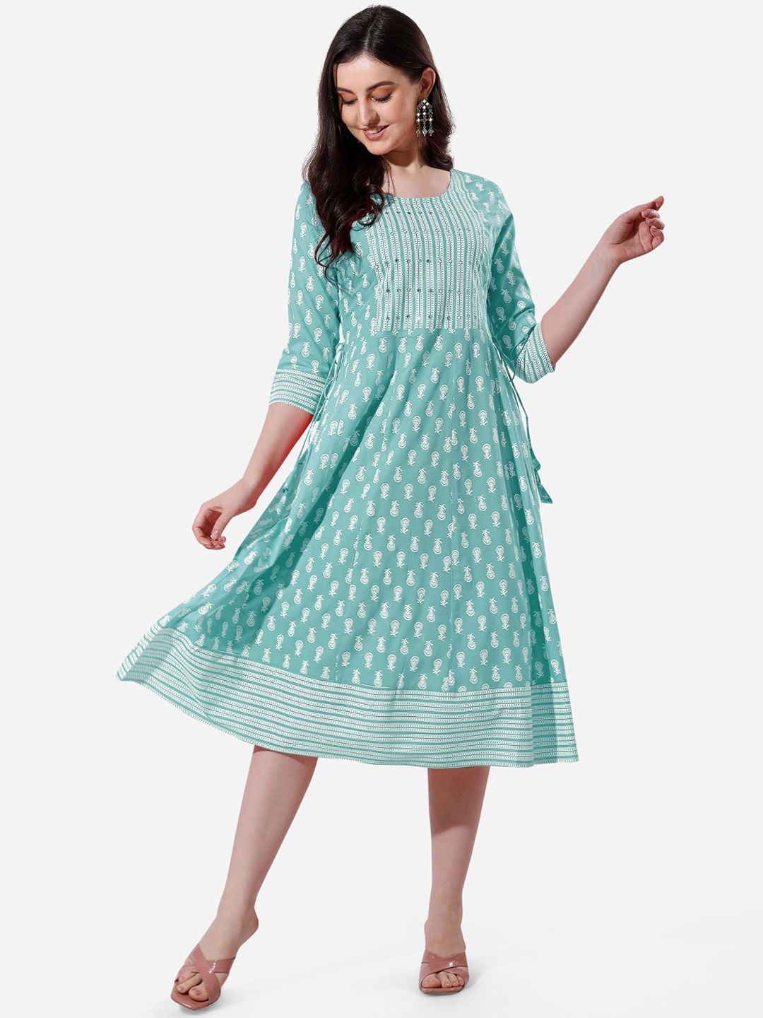 

KALINI Ethnic Motifs Printed Round Neck A-Line Ethnic Dress, Teal