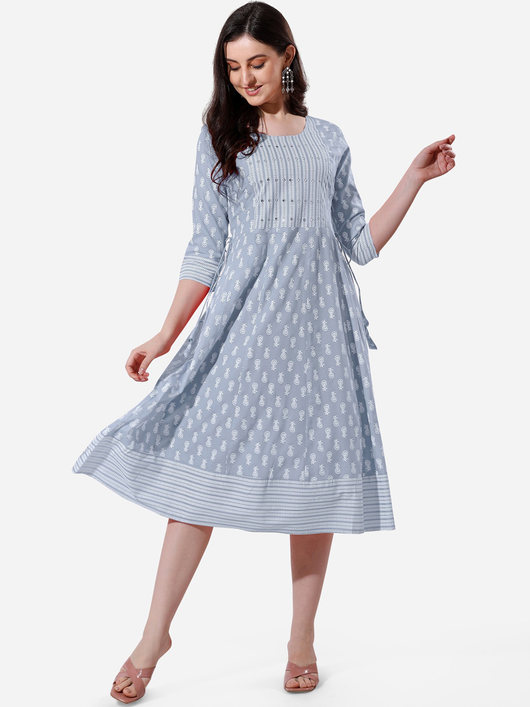 

KALINI Ethnic Printed Tie-Up Detail Fit & Flare Ethnic Dress, Blue