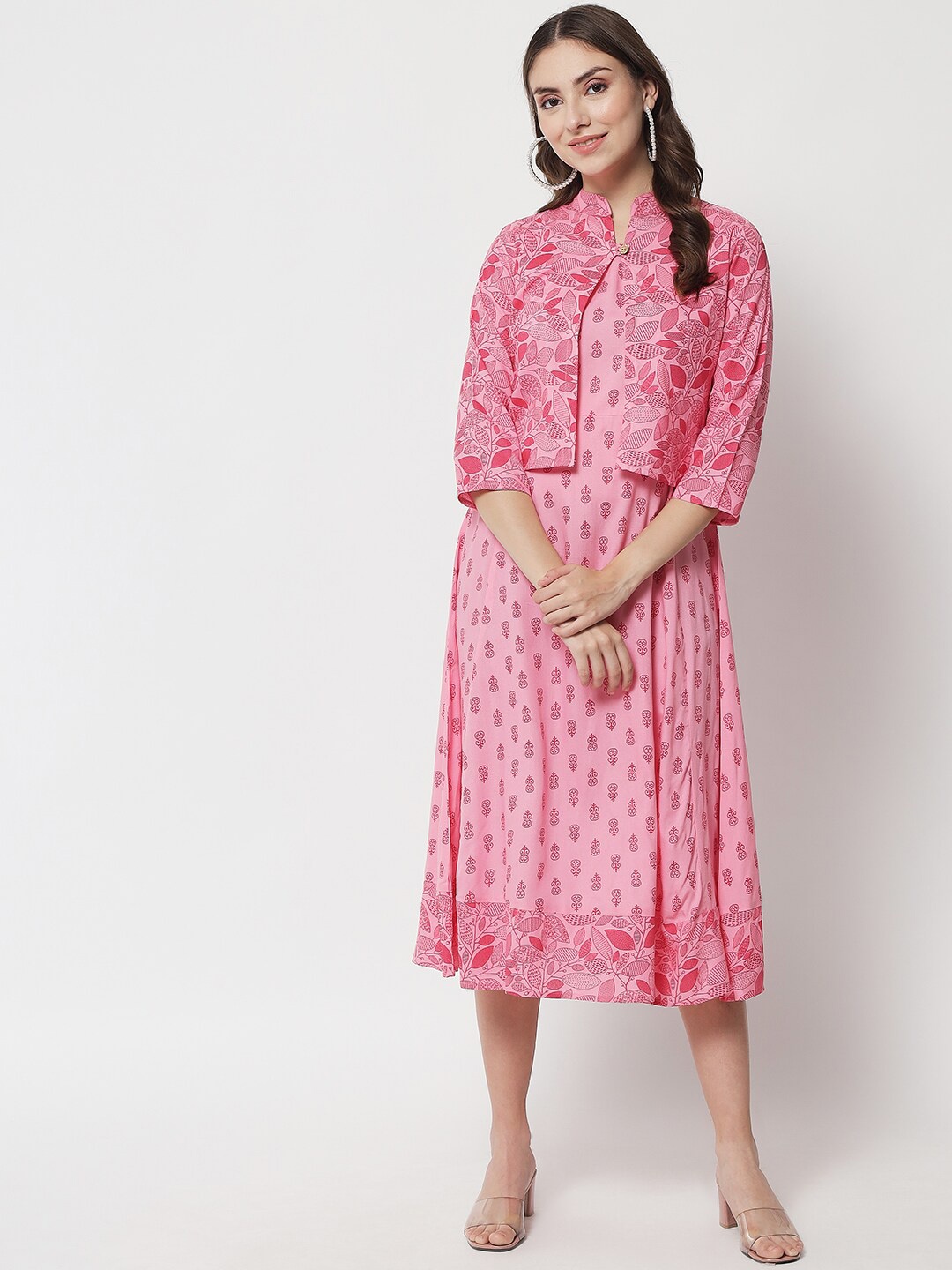 

IkDaiya Women Ethnic Motifs Printed Dress Comes With Jacket, Pink