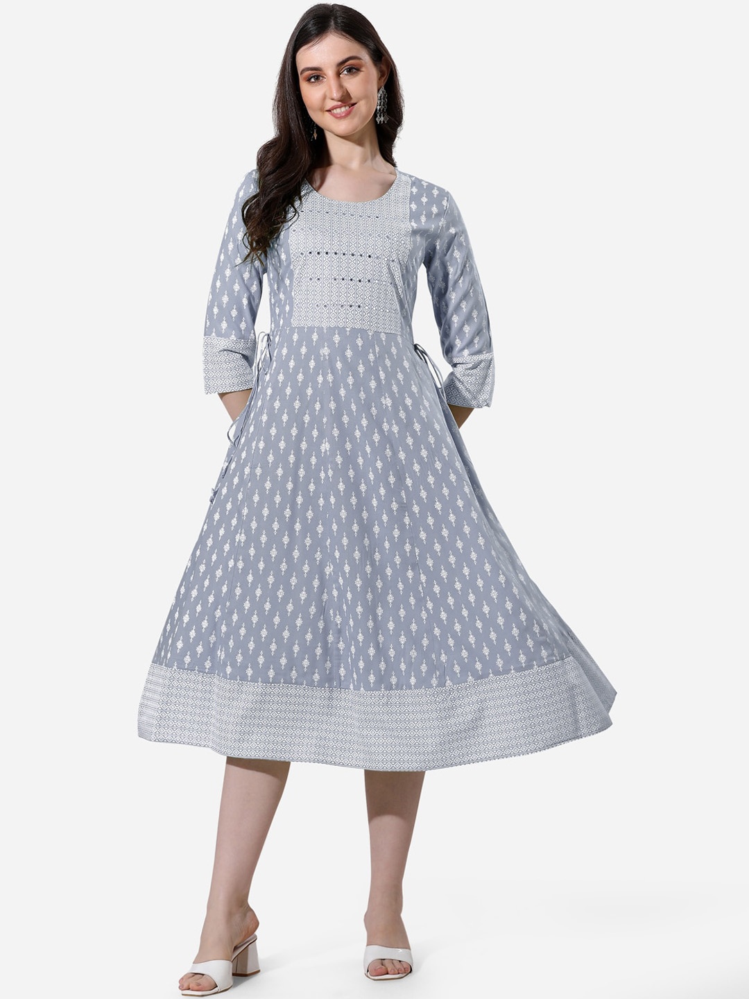 

KALINI Ethnic Motifs Printed Mirror Work Ethnic Dress, Grey