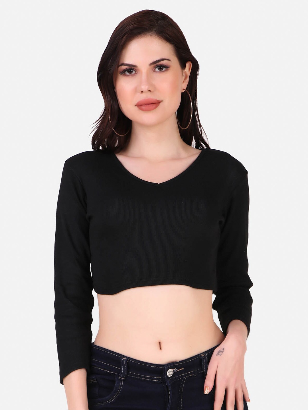 

TRENDY RABBIT V-Neck Long Sleeves Cotton Crop Fitted Top, Black