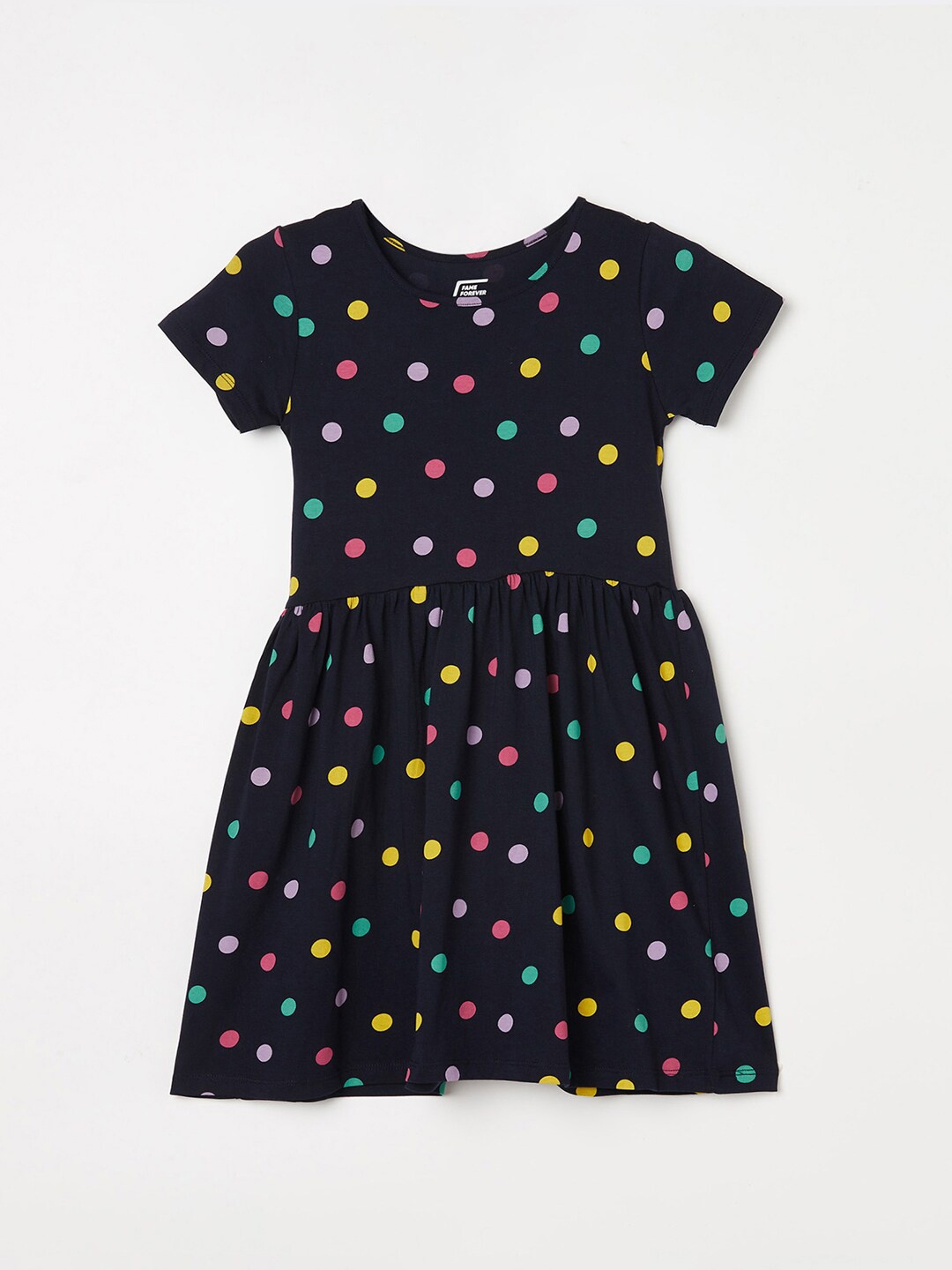 

Fame Forever by Lifestyle Polka Dots Printed Pure Cotton Fit And Flare Dress, Navy blue