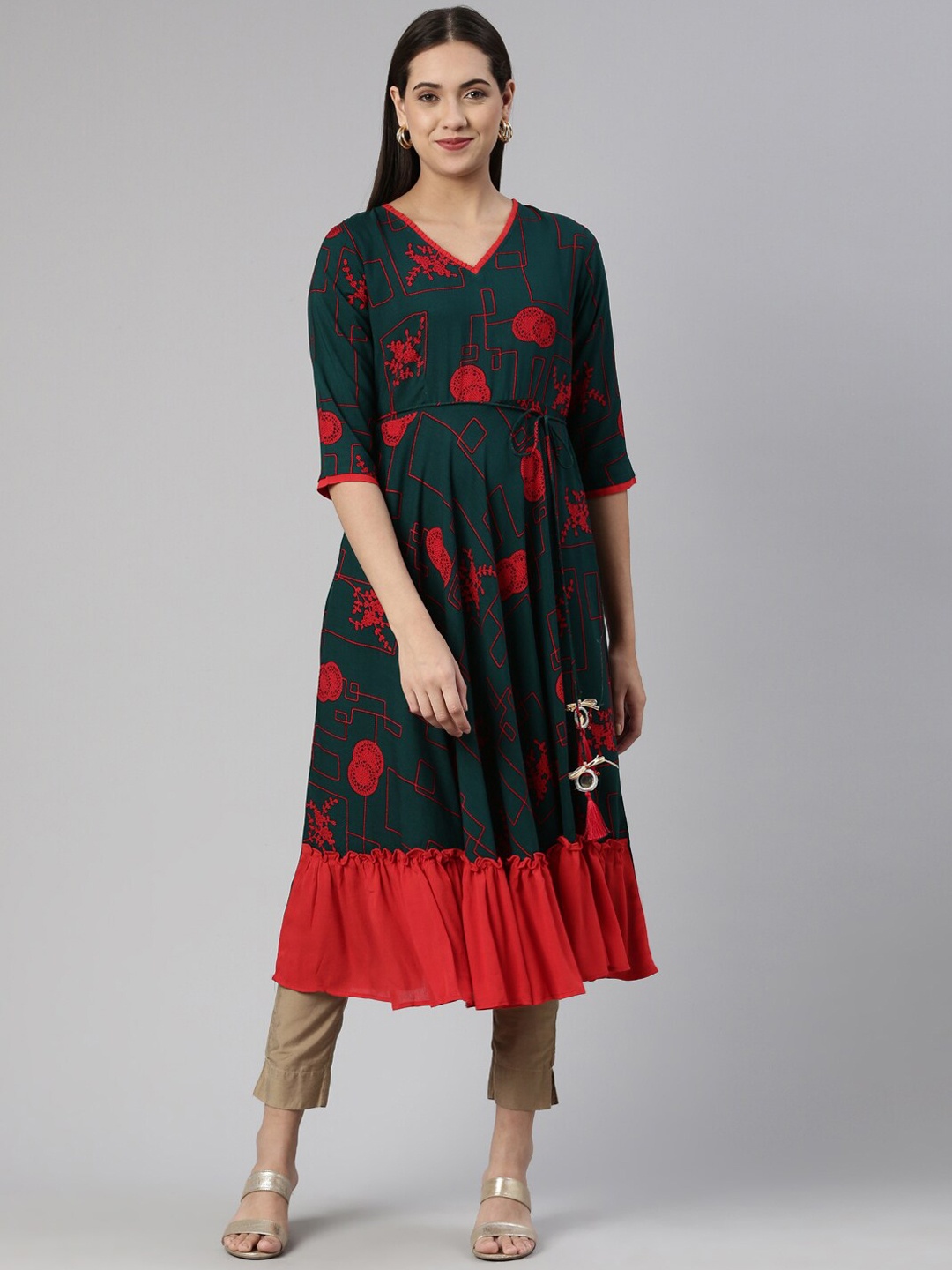 

Neerus Women Printed Pure Cotton Anarkali Kurta, Green