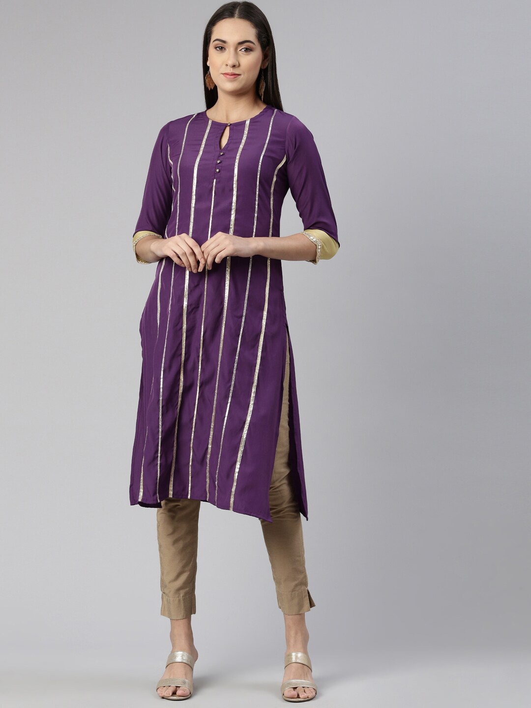 

Neerus Women Striped Keyhole Neck Crepe Kurta, Purple