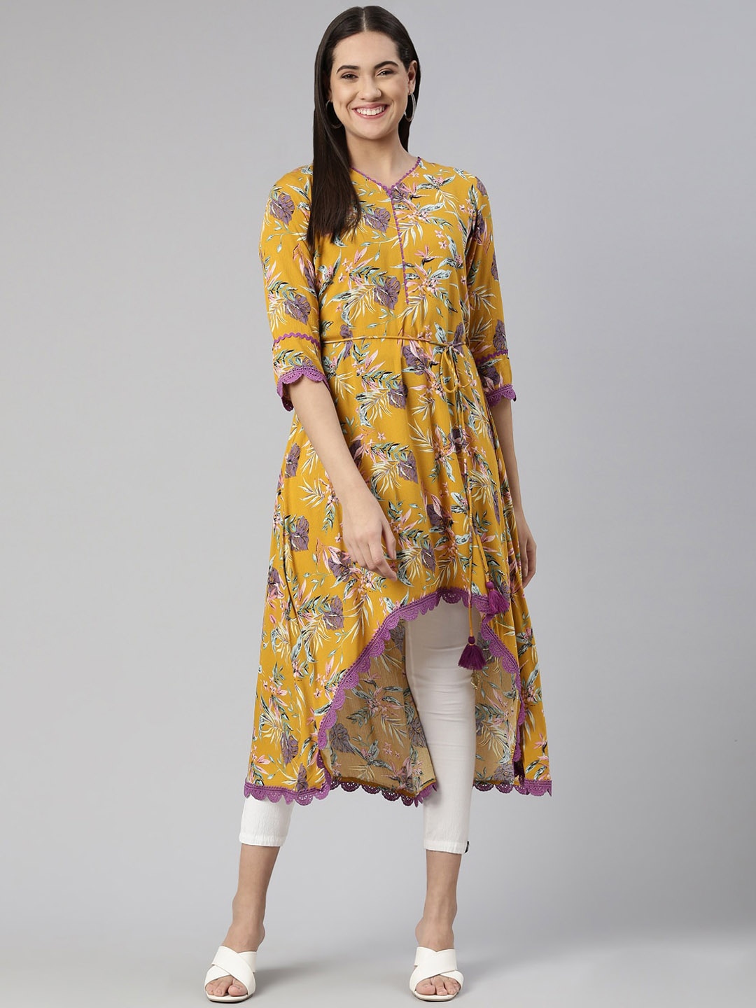 

Neerus Women Floral Printed Cotton A-Line Kurta, Mustard