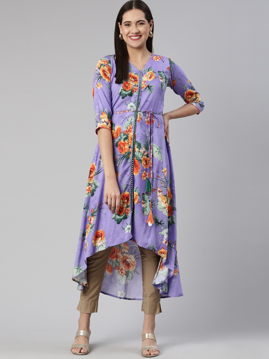 

Neerus Women Floral Printed A-Line Cotton Kurta, Lavender