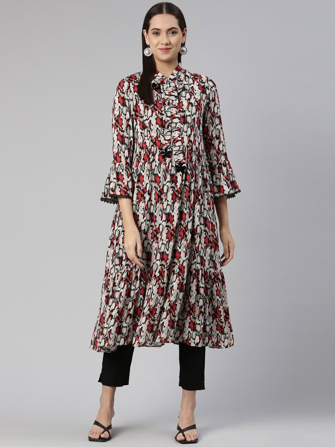 

Neerus Women Animal Printed Bell Sleeves Tiered Anarkali Cotton Kurta, Black