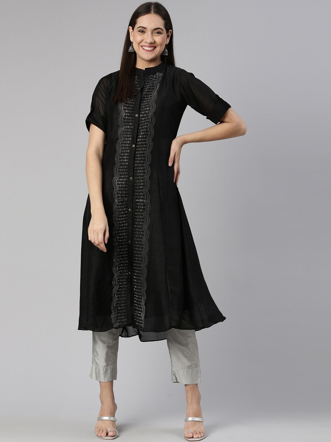 

Neerus Women Beads & Stones A-Line Panelled Kurta, Black