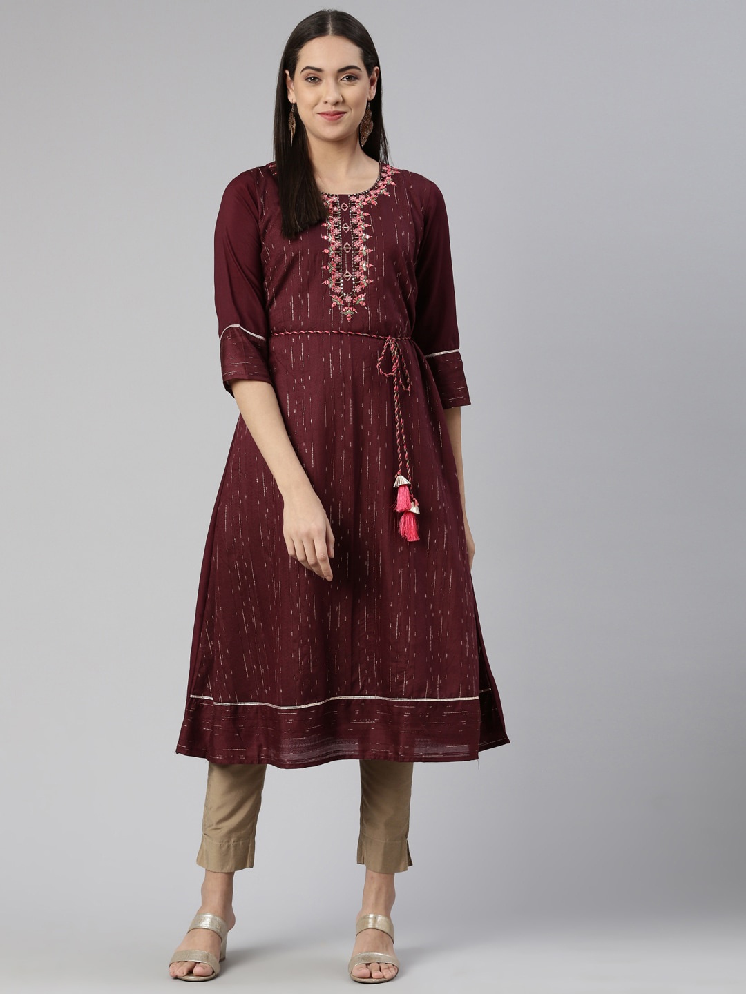 

Neerus Ethnic Motifs Embroidered Mirror Work Anarkali Kurta, Burgundy