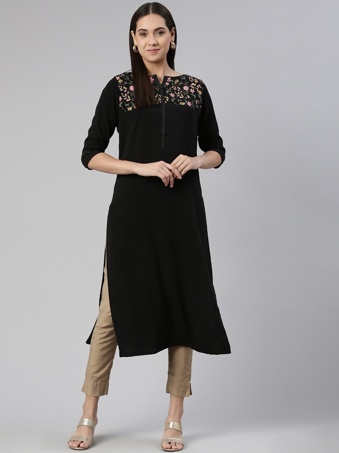 

Neerus Women Floral Printed Yoke Design Kurta, Black