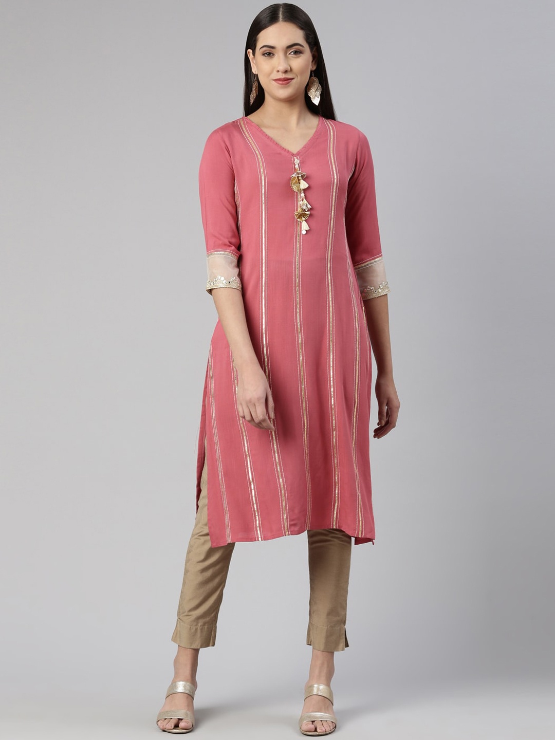 

Neerus Women Gotta Patti Striped Mirror Work Kurta, Pink