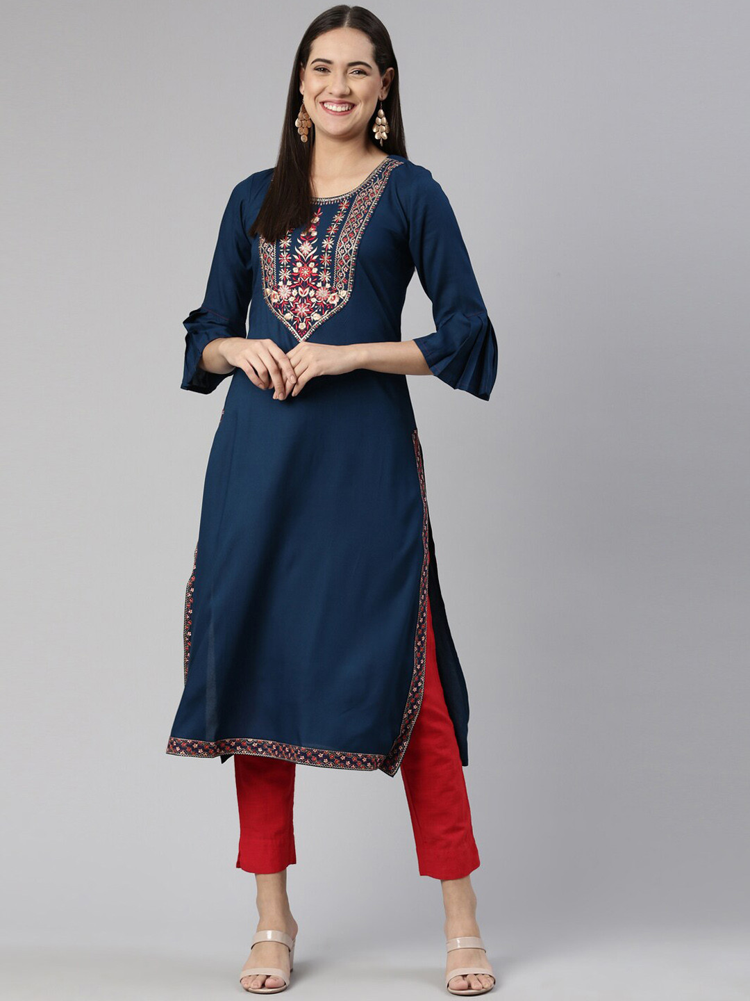 

Neerus Women Embroidered Yoke Design Flared Sleeves Kurta, Blue