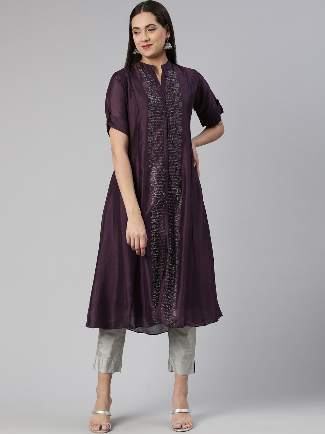 

Neerus Women Beads & Stones Mandarin Collar A-Line Kurta, Purple