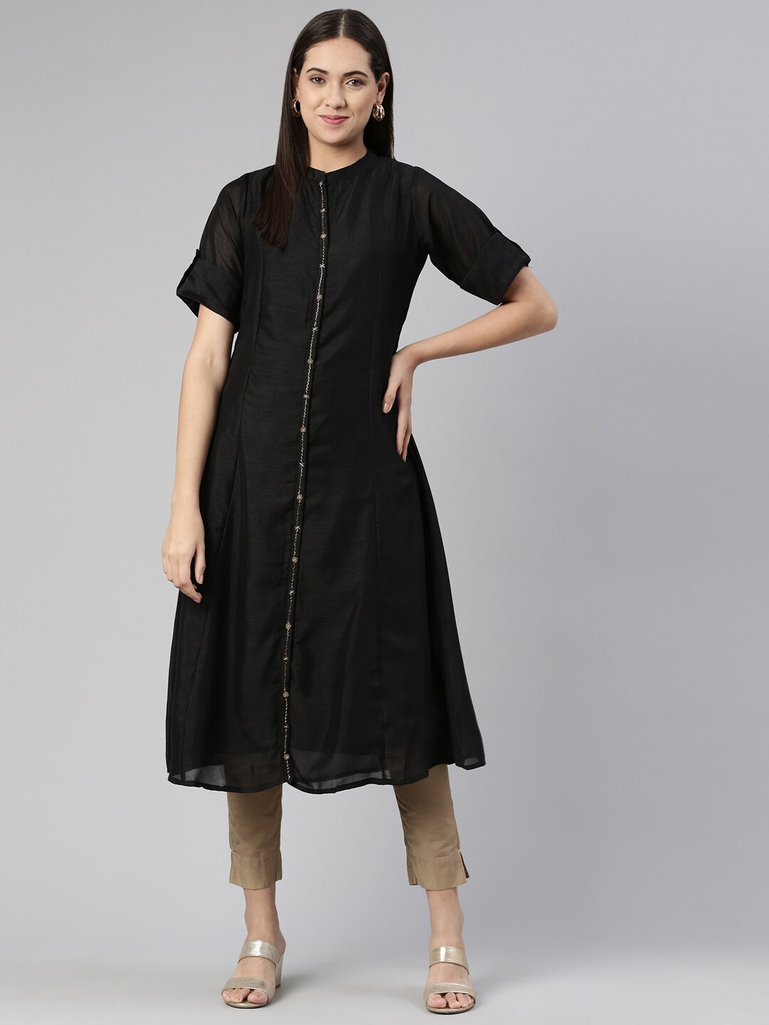 

Neerus Women Beads & Stones Mandarin Collar A-Line Kurta, Black