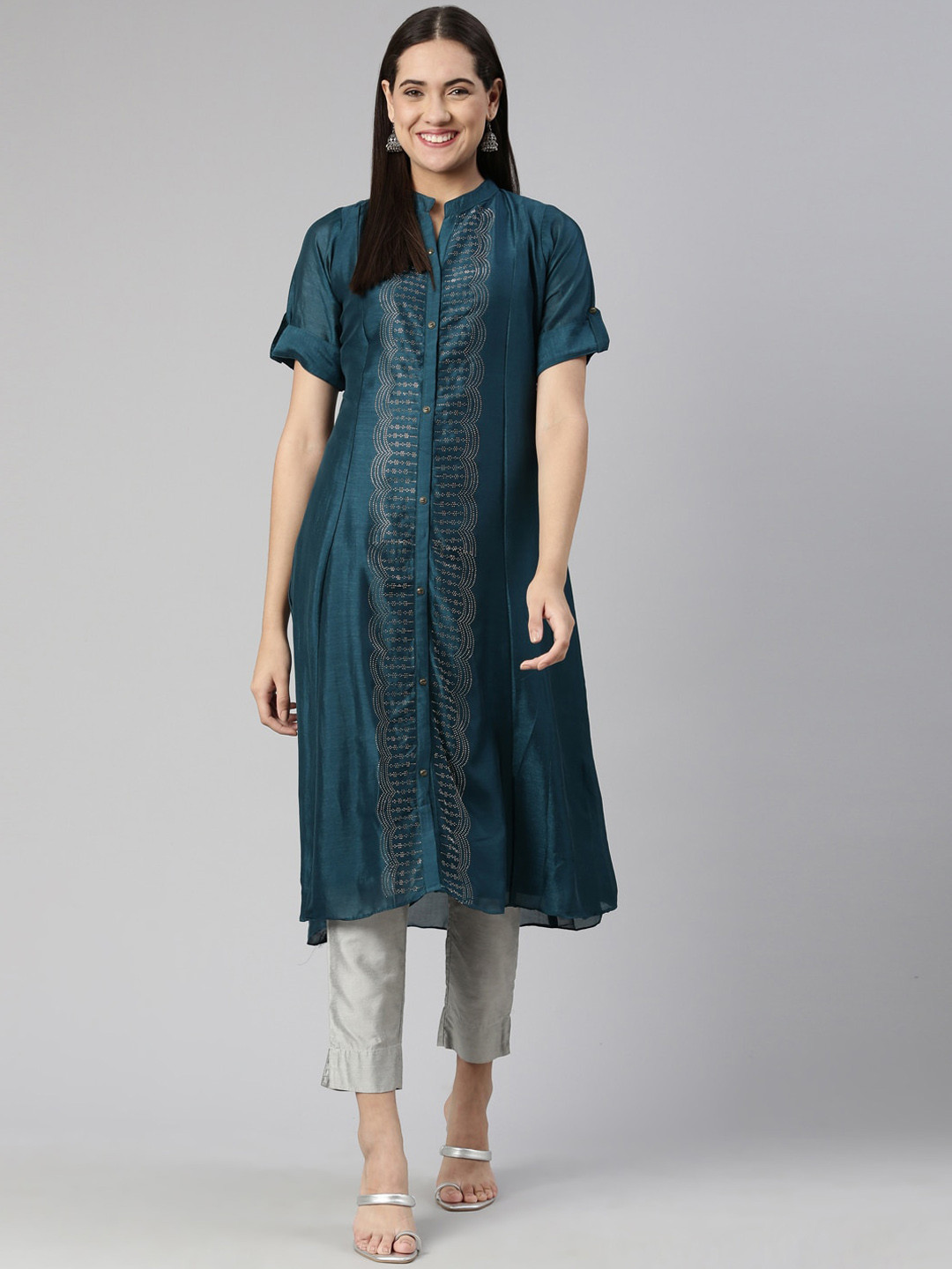 

Neerus Women Beads & Stones Mandarin Collar A-Line Kurta, Blue