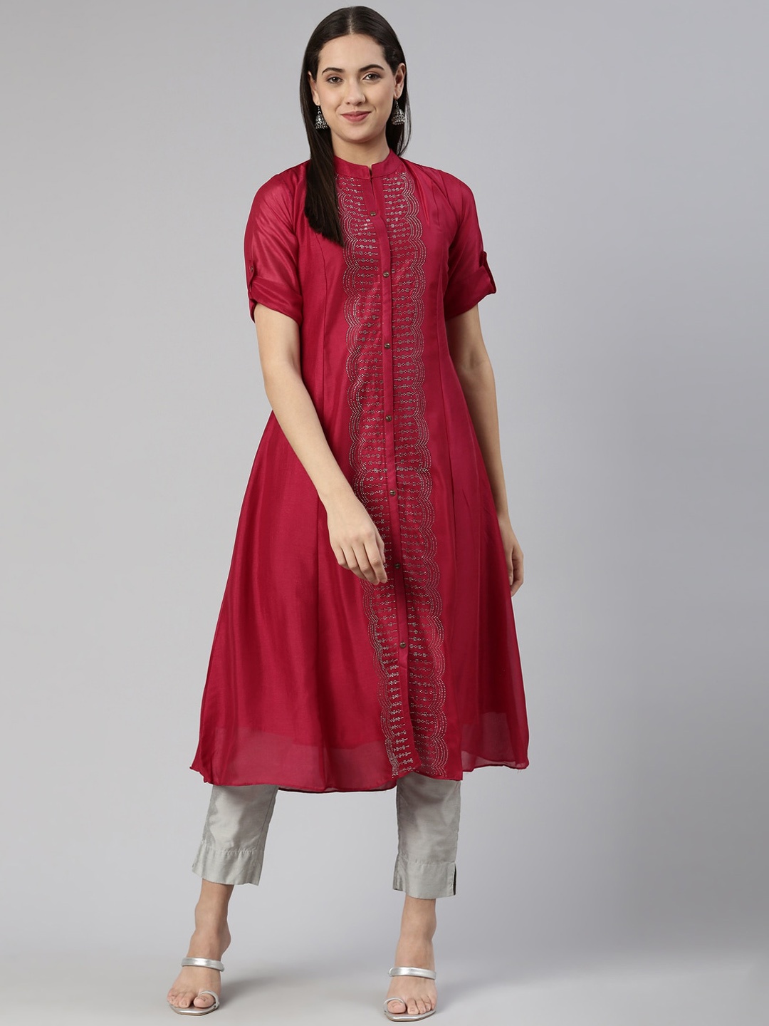 

Neerus Women Beads & Stones Mandarin Collar A-Line Kurta, Magenta