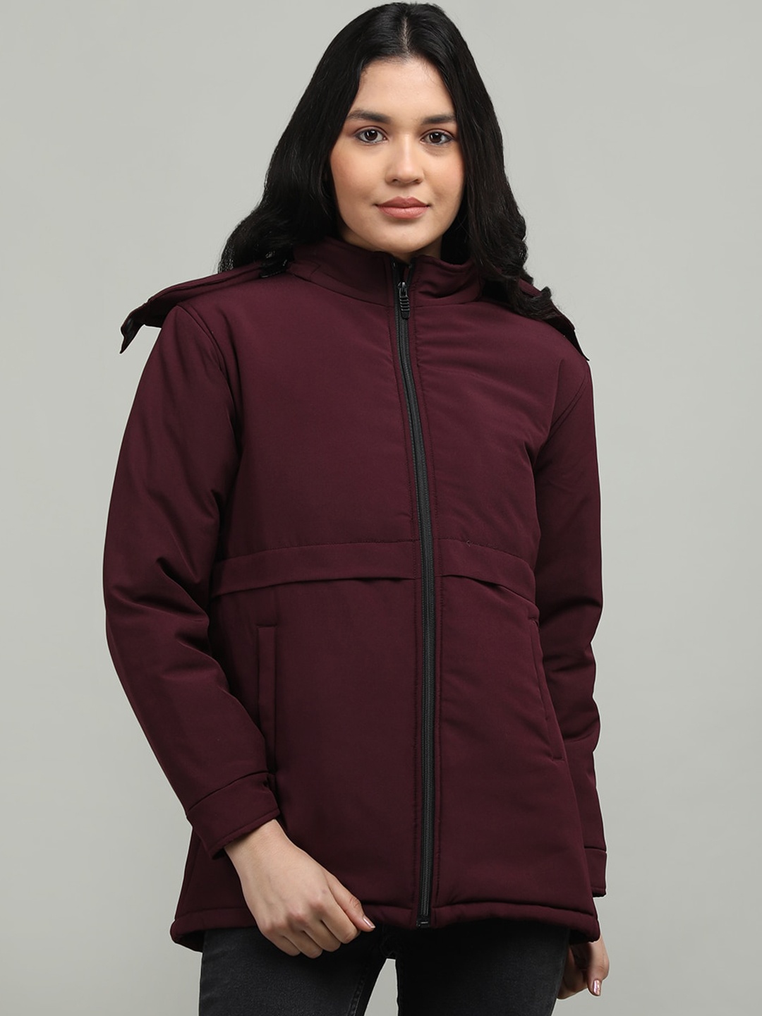

CHKOKKO Women Hooded Long Sleeves Bomber Jacket, Burgundy