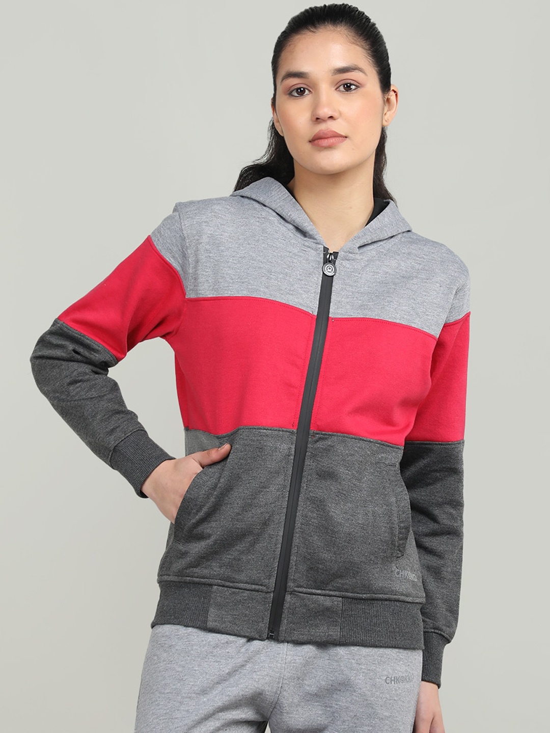 

CHKOKKO Women Colourblocked Fleece Hooded Outdoor Sporty Jacket, Grey melange