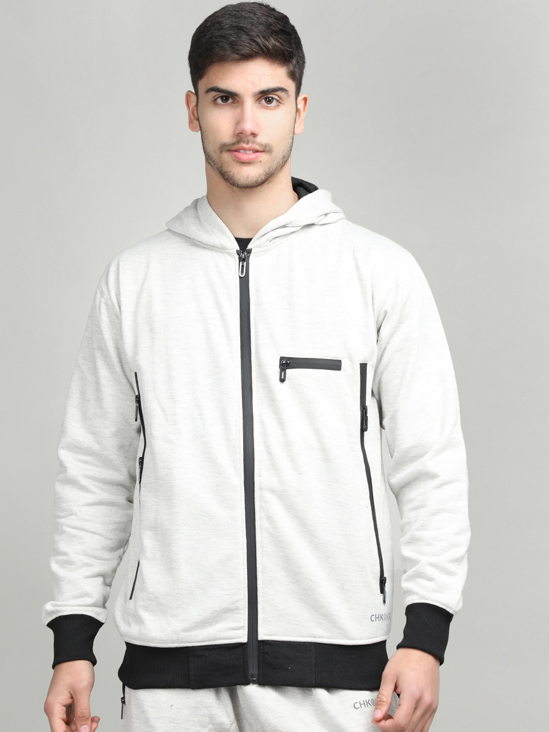 

CHKOKKO Men Hooded Fleece Long Sleeves Bomber Jacket, Grey melange