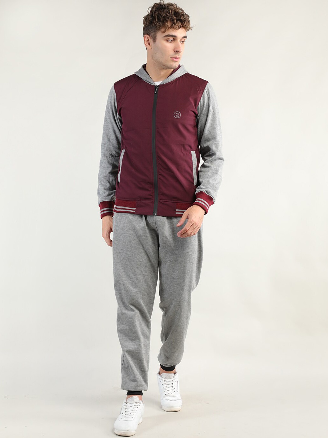 

CHKOKKO Men Colourblocked Cotton Fleece Hooded Winter Track Suit, Maroon