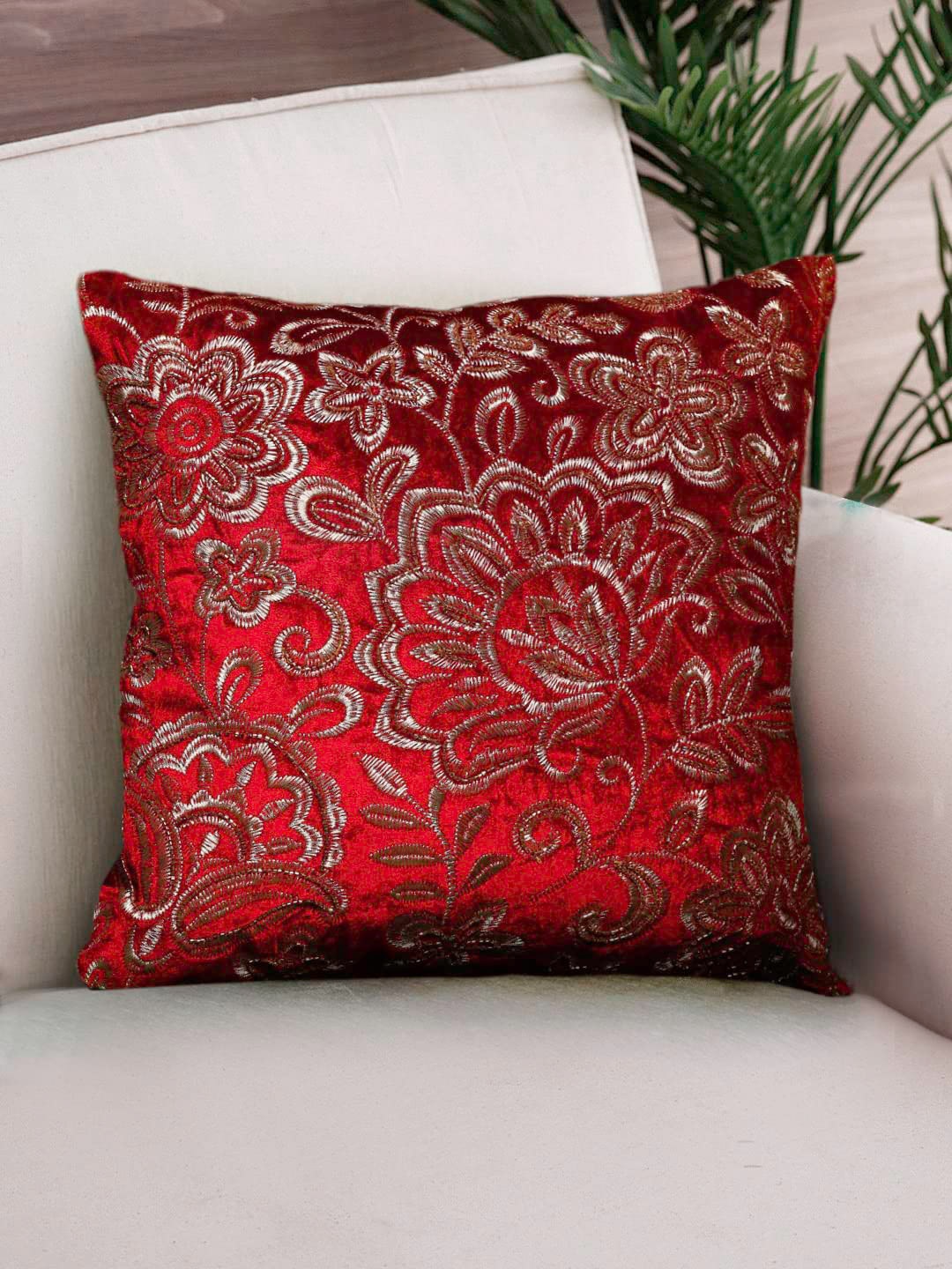 

NISRAG HOME Red Embroidered Velvet Square Cushion Cover