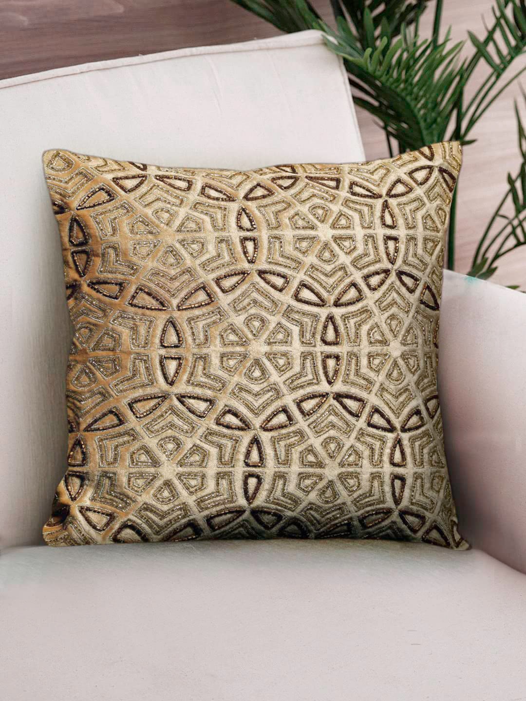 

NISRAG HOME Beige & Brown Embroidered Velvet Square Cushion Cover