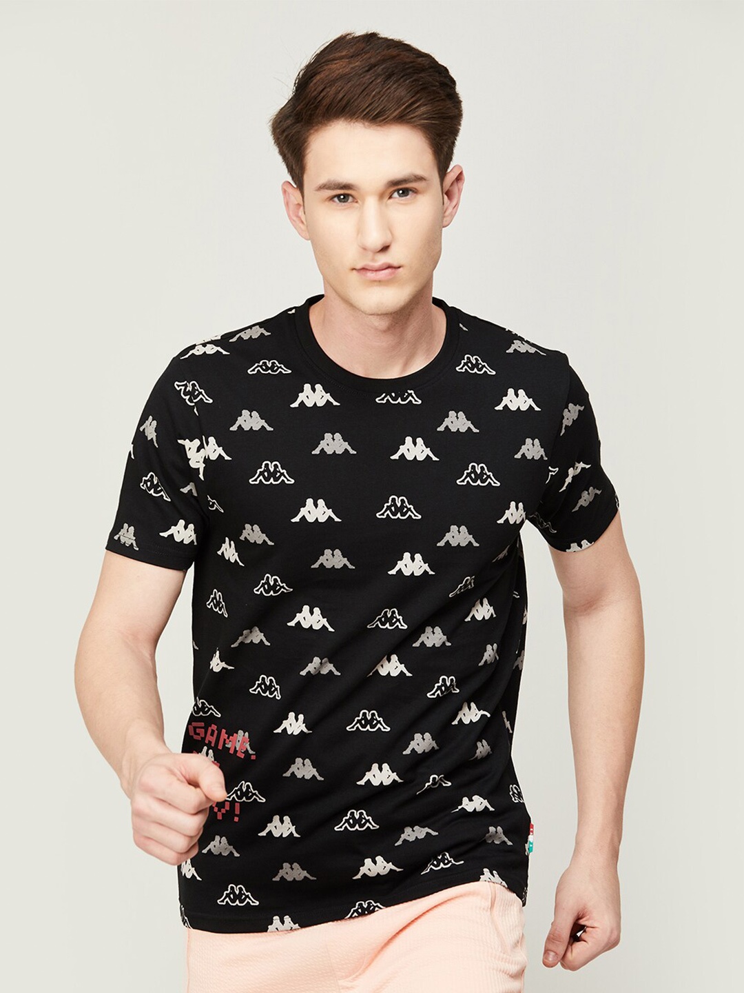 

Kappa Men Brand Logo Printed Cotton Slim Fit T-shirt, Black