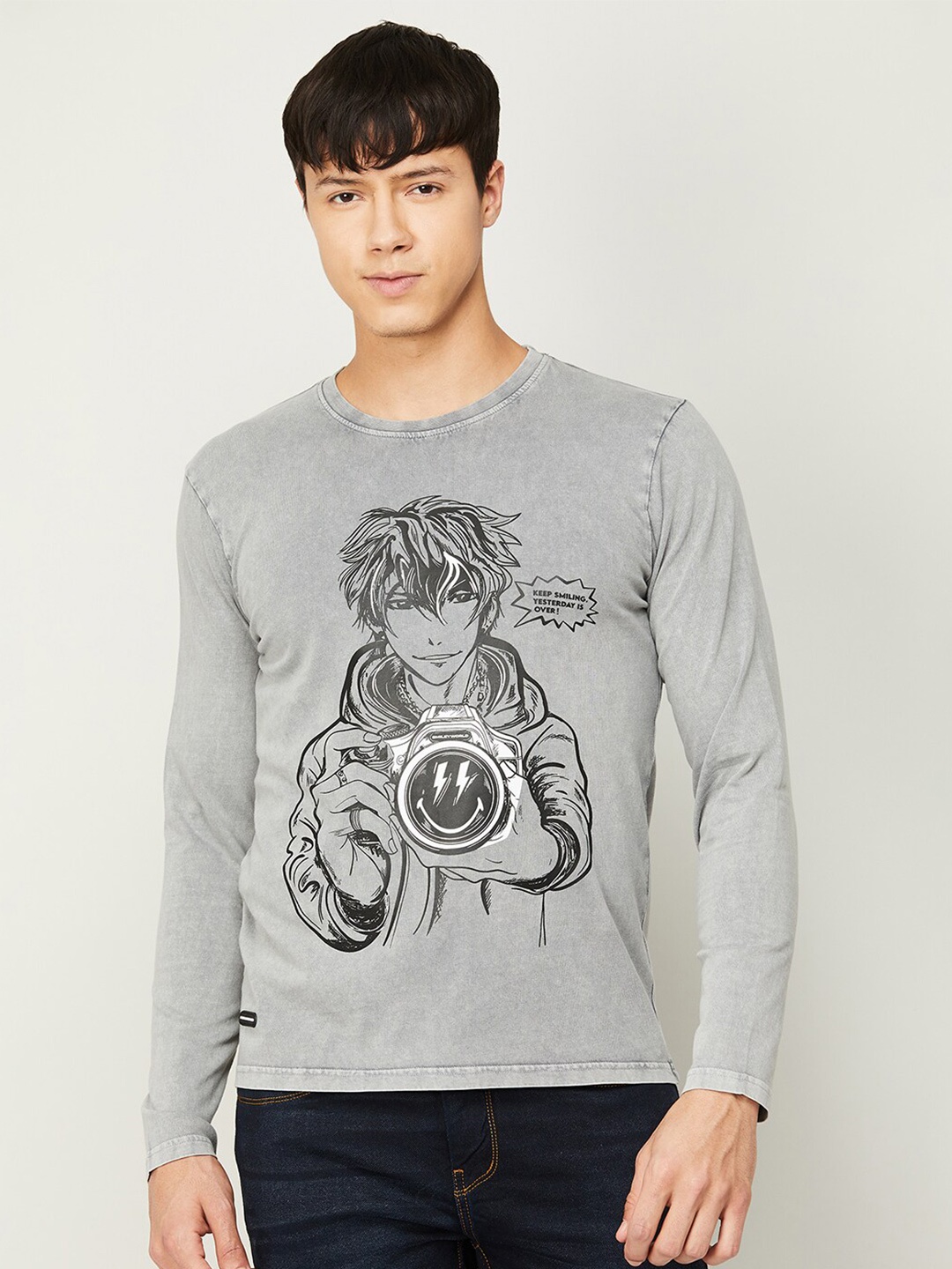 

SmileyWorld Men Graphic Printed Long Sleeves Cotton T-shirt, Grey
