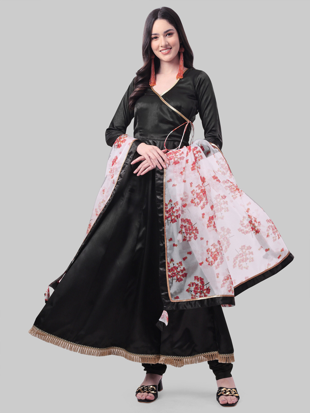 

ASPORA Women Floral Printed Angrakha Kurta with Churidar & Dupatta, Black