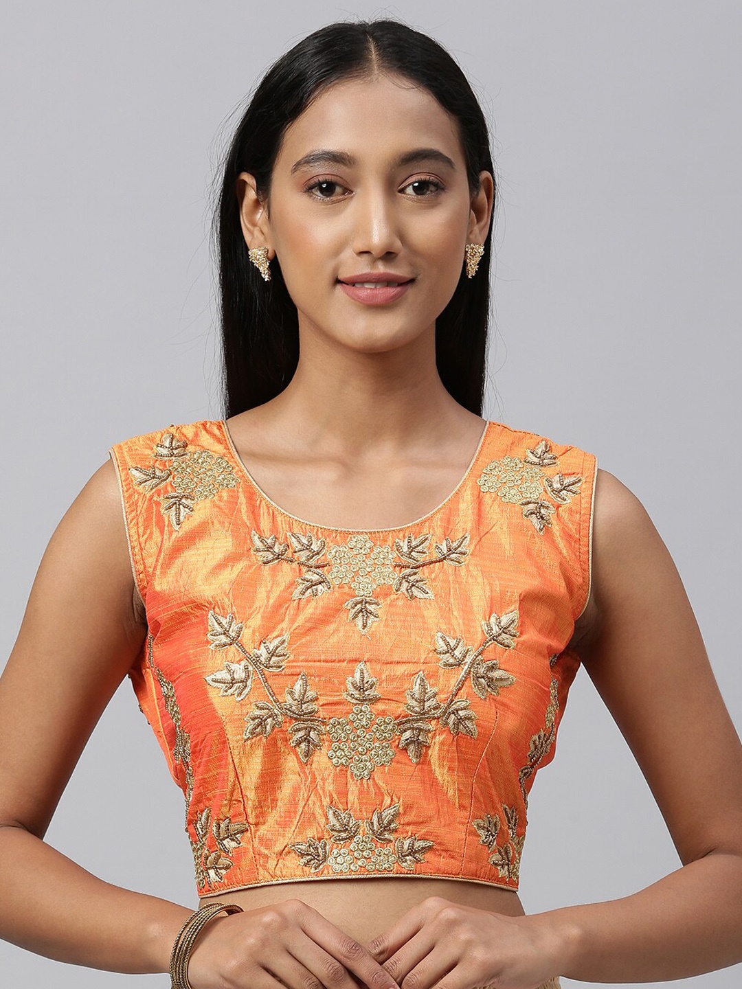 

Fab Viva Embroidered Round Neck Saree Blouse, Orange