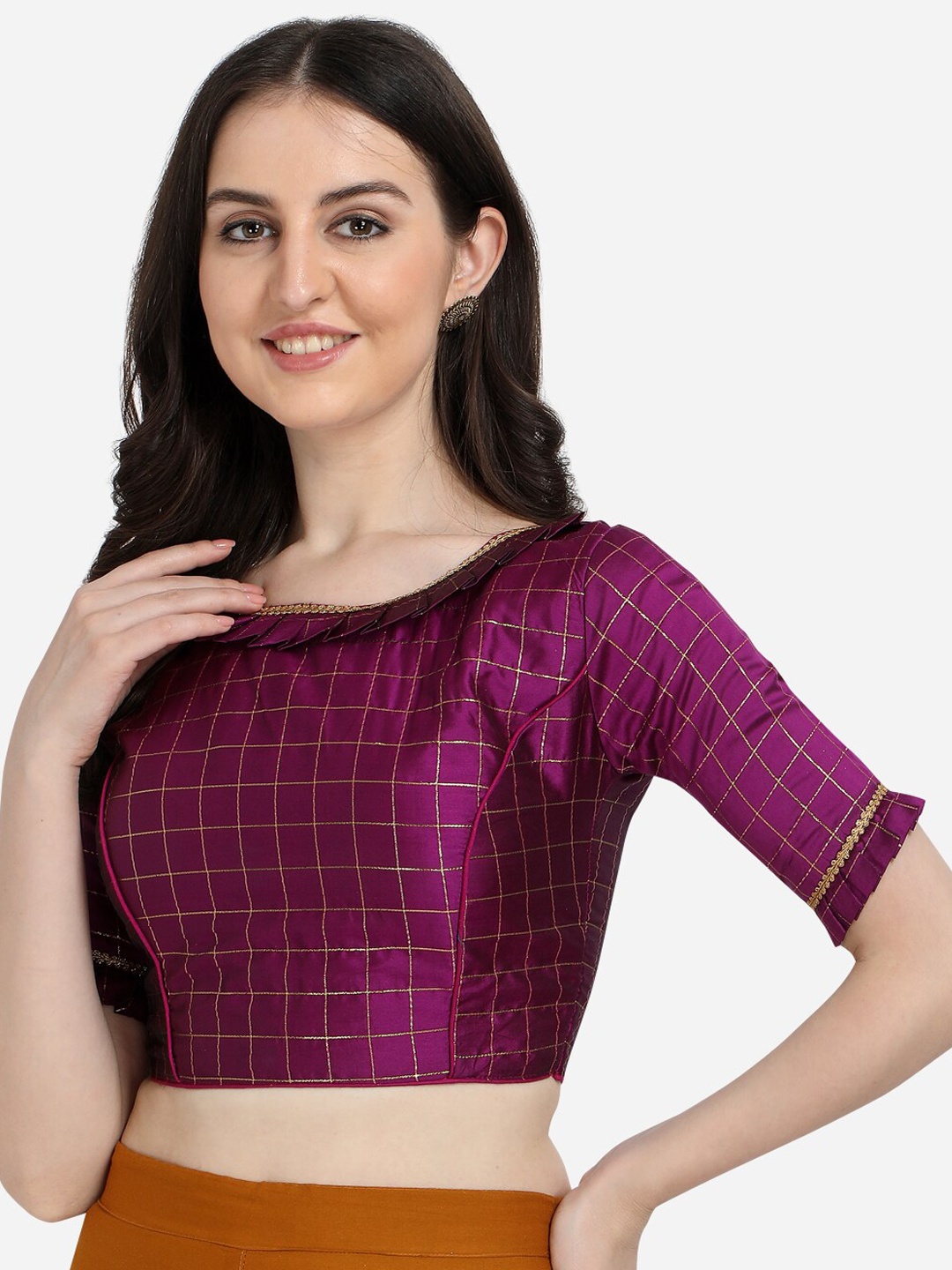 

Fab Viva Checked Silk Boat Neck Saree Blouse, Purple