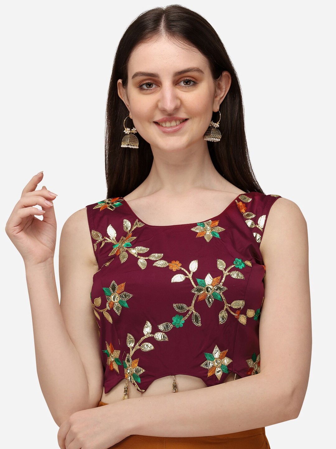 

Fab Viva Embroidered Round Neck Saree Blouse, Maroon