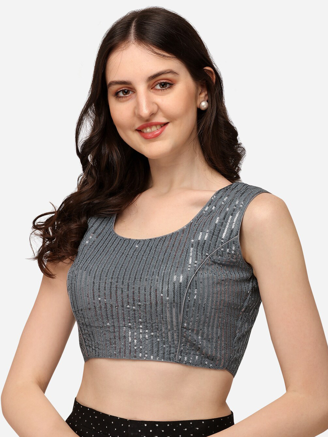 

Fab Viva Embroidered Readymade Saree Blouse, Grey