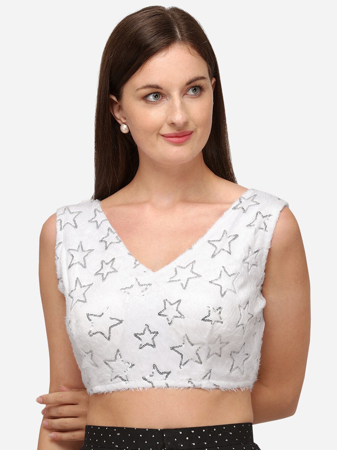 

Fab Viva Sequences Embellished V-Neck Saree Blouse, White
