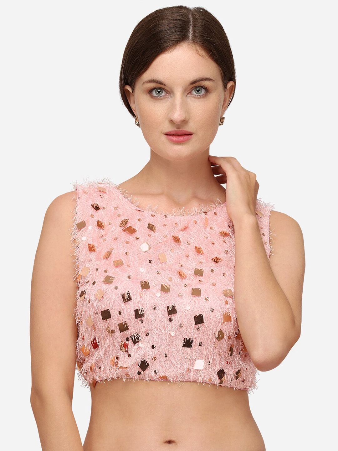 

Fab Viva Sequences Embellished Boat Neck Saree Blouse, Pink