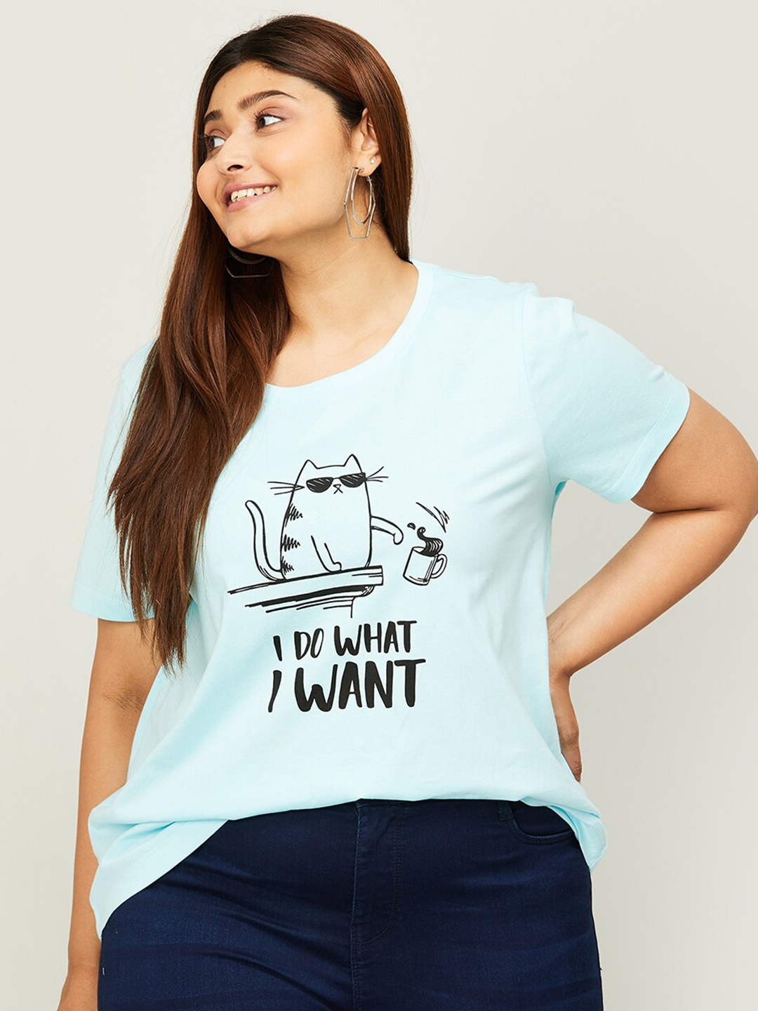 

Nexus by Lifestyle Plus Size Women Typography Printed Pure Cotton T-shirt, Blue