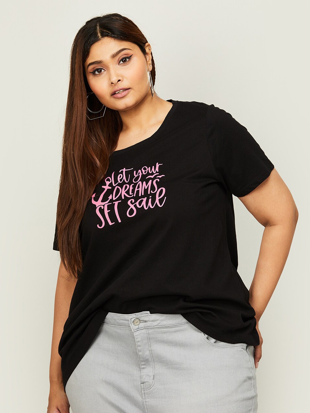 

Nexus by Lifestyle Women Typography Printed Pure Cotton Plus Size T-shirt, Black