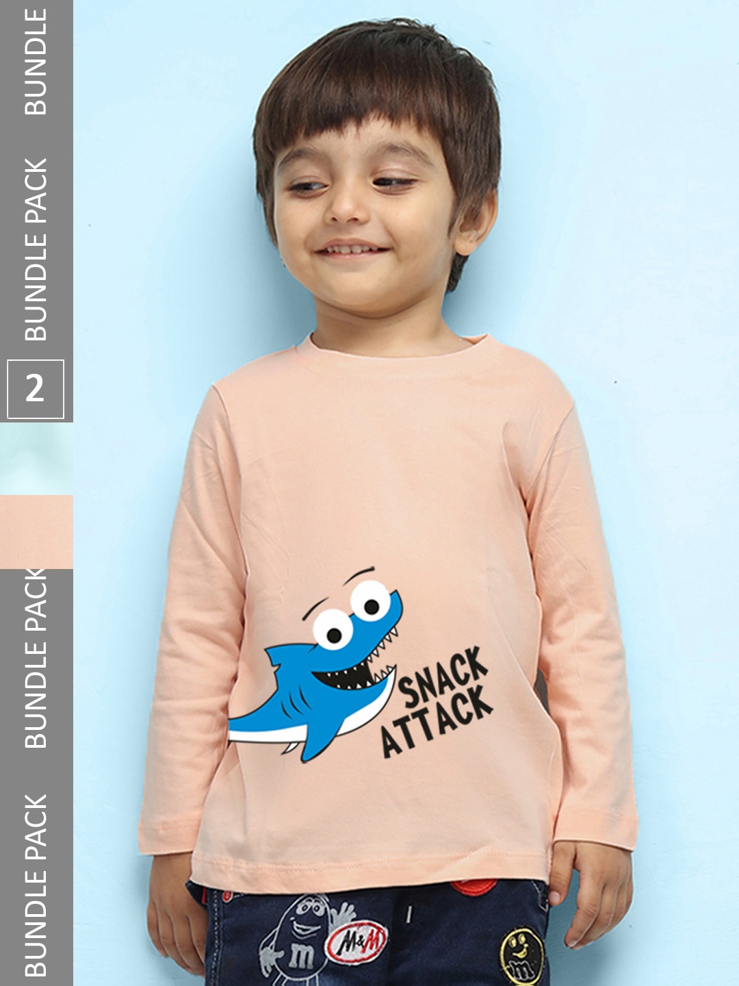 

NUSYL Kids Peach-Coloured & Blue 2 Printed Pure Cotton T-shirt