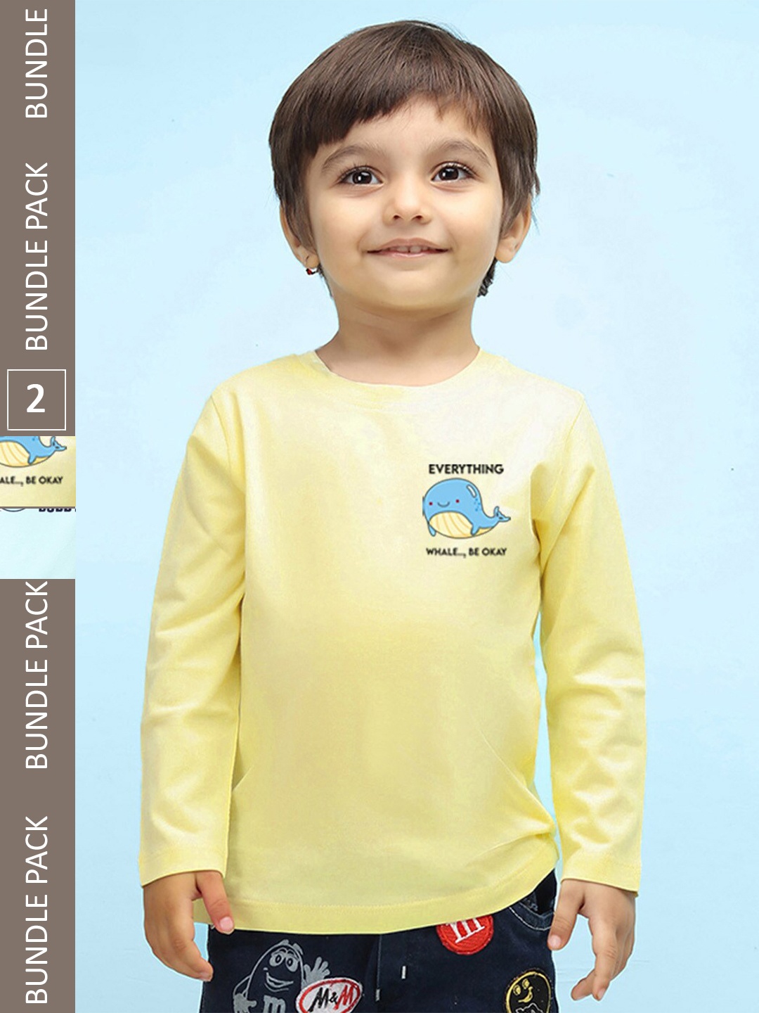 

NUSYL Kids Pack of 2 Printed Round Neck Long Sleeve Pure Cotton T-shirt, Yellow