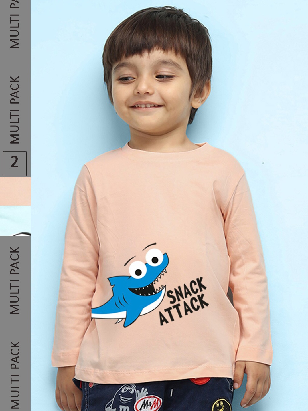 

NUSYL Kids Pack of 2 Printed Round Neck Long Sleeve Cotton T-shirt, Peach