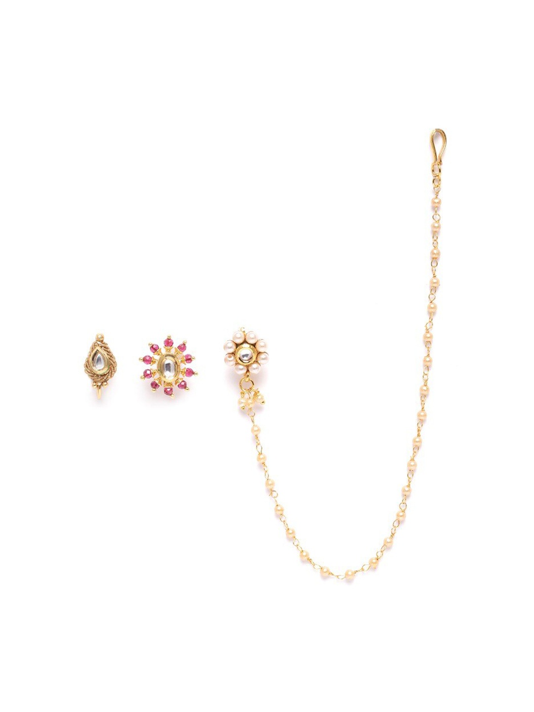 

JEWELS GEHNA Set of 3 Gold-Plated Kundan Studded & Beaded Nose Pins