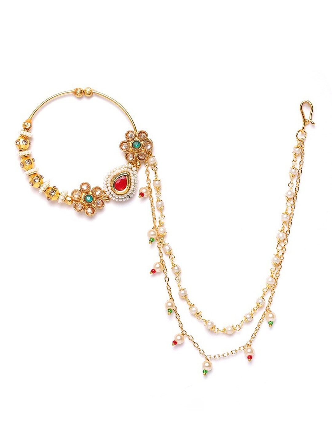 

JEWELS GEHNA Gold-Plated Stone-Studded & Beaded Chained Nosepin
