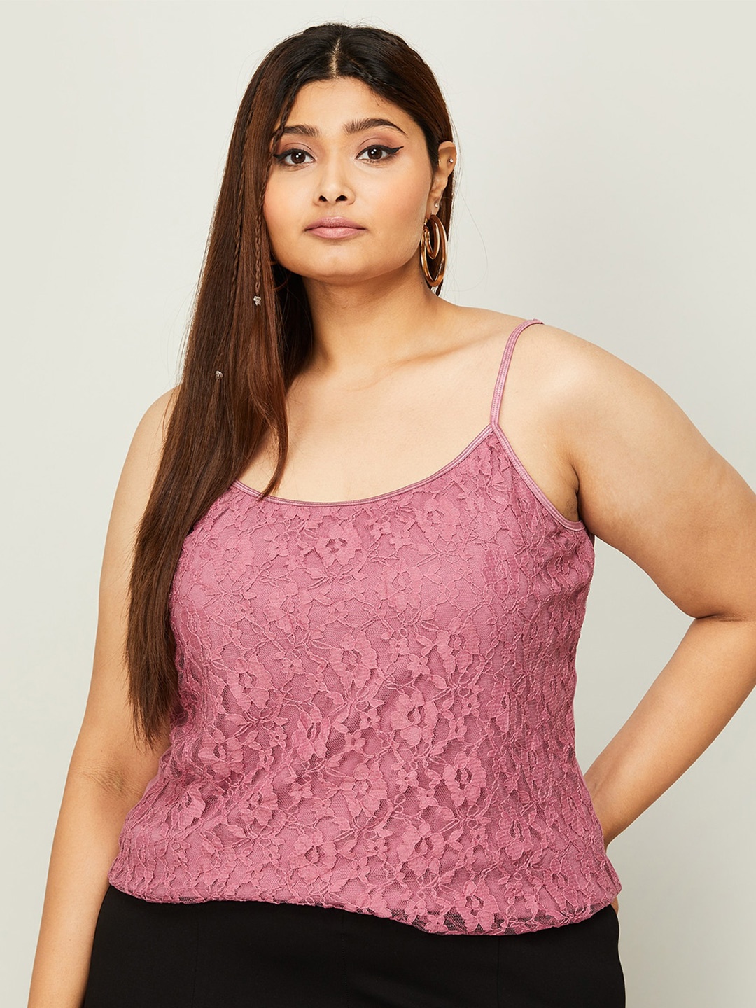 

Nexus by Lifestyle Lace Insert Shoulder Straps Cotton Plus Size Top, Pink