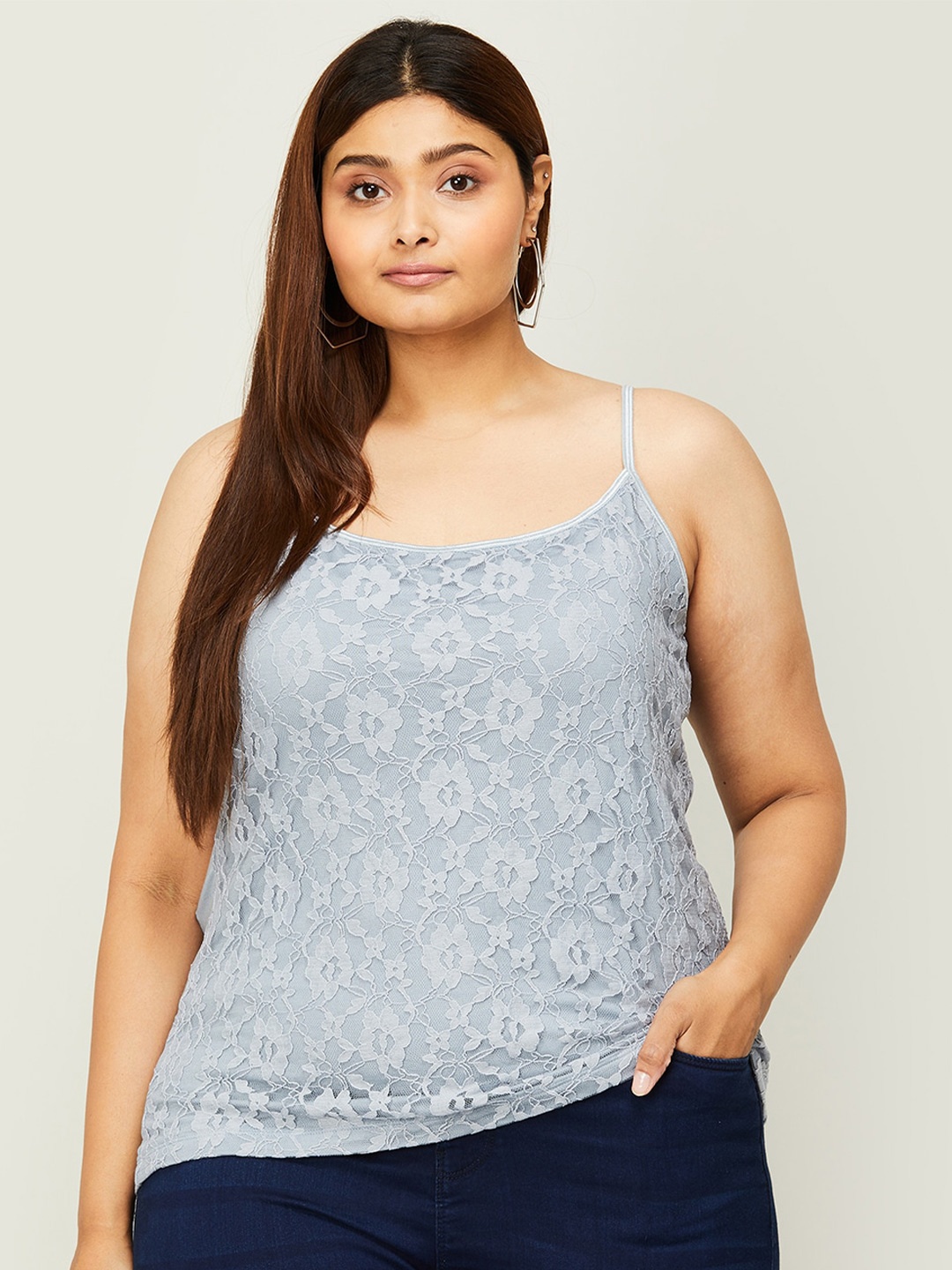

Nexus by Lifestyle Women Self-Design Shoulder Strap Cotton Plus Size Top, Grey
