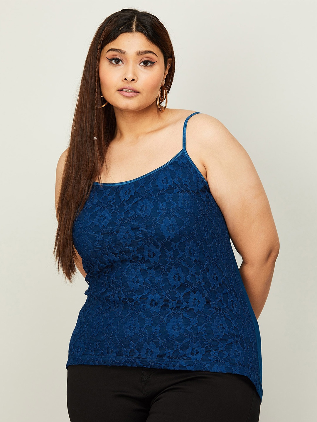 

Nexus by Lifestyle Plus Size Floral self Design Shoulder Straps Cotton Top, Blue
