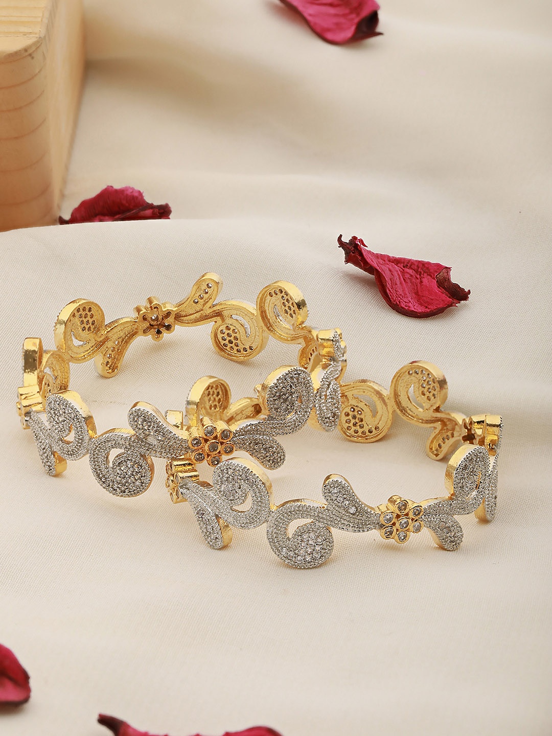 

Saraf RS Jewellery Set of 2 Gold Plated AD Studded Leafy Design Bangles