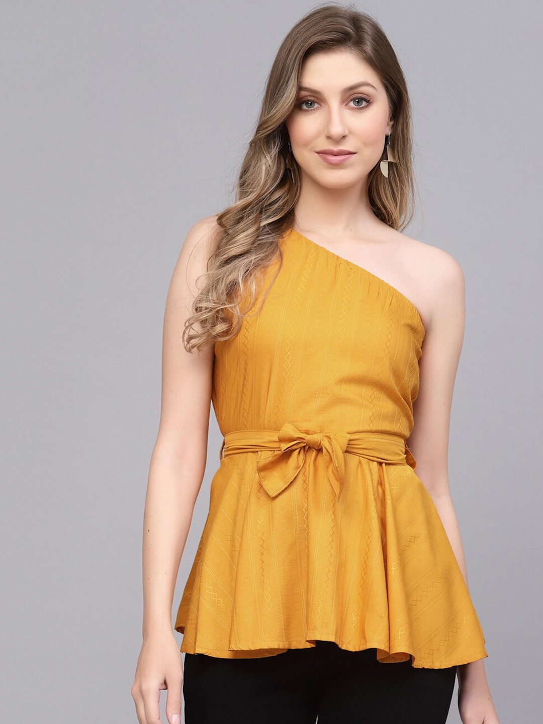 

Selvia Yellow One Shoulder Waist Tie-Up Detailed Top, Mustard