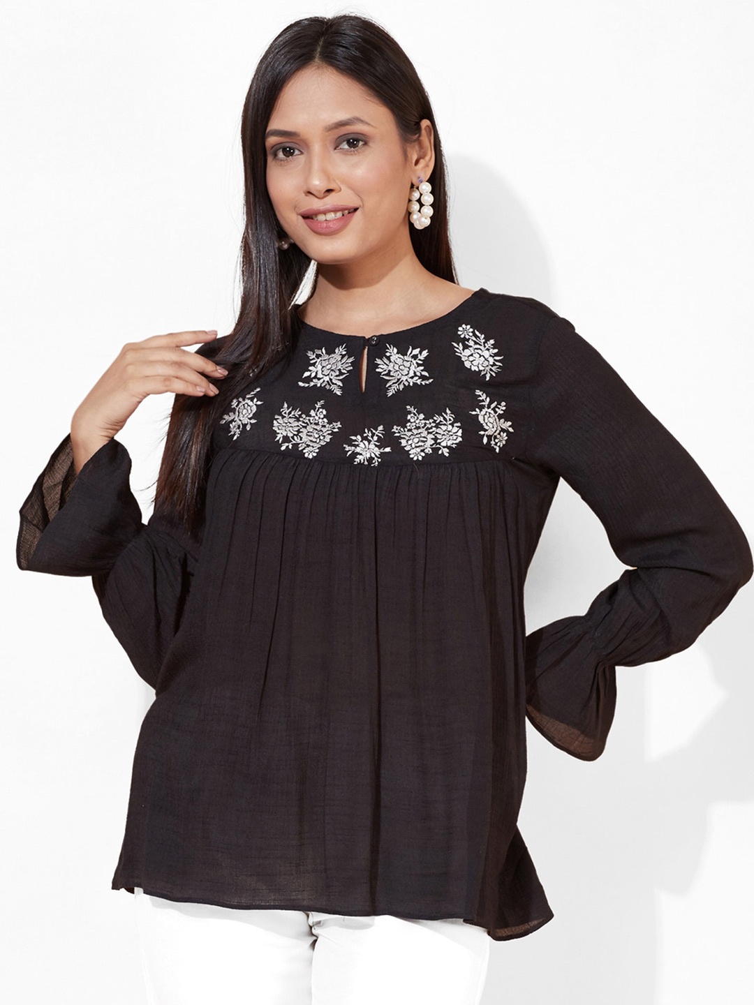 

Selvia Floral Embroidered Semi Sheer Linen A-Line Top, Black
